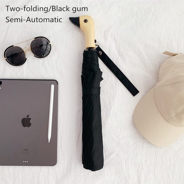Revolight Apparel & Accessories Black-Auto-Twofold-UVBlack Semi-Automatic Umbrella Cute Wooden Duck Head Folding Rain and Sun