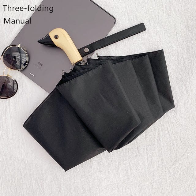 Revolight Apparel & Accessories Black-Manual-Threefold Semi-Automatic Umbrella Cute Wooden Duck Head Folding Rain and Sun