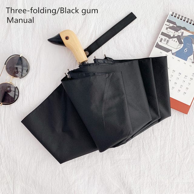 Revolight Apparel & Accessories Black-Manual-Threefold-UVBlack Semi-Automatic Umbrella Cute Wooden Duck Head Folding Rain and Sun