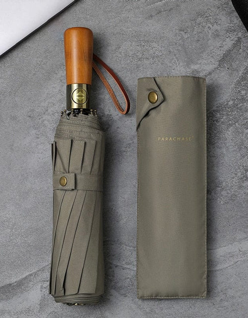 Load image into Gallery viewer, Revolight Apparel &amp; Accessories Khaki Unisex Stylish Automatic Umbrella 115cm Double Layer Windproof Wooden Handle Strong 10 Ribs
