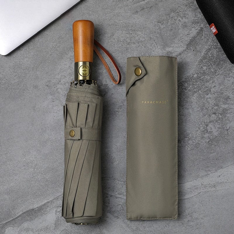 Revolight Apparel & Accessories Khaki Unisex Stylish Automatic Umbrella 115cm Double Layer Windproof Wooden Handle Strong 10 Ribs