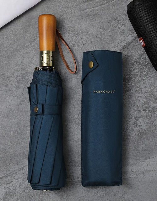 Load image into Gallery viewer, Revolight Apparel &amp; Accessories Navy Unisex Stylish Automatic Umbrella 115cm Double Layer Windproof Wooden Handle Strong 10 Ribs
