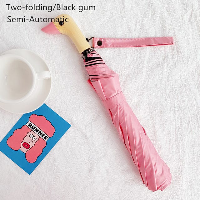 Revolight Apparel & Accessories Pink-Auto-Twofold-UVBlack Semi-Automatic Umbrella Cute Wooden Duck Head Folding Rain and Sun