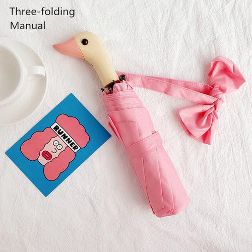 Load image into Gallery viewer, Revolight Apparel &amp; Accessories Pink-Manual-Threefold Semi-Automatic Umbrella Cute Wooden Duck Head Folding Rain and Sun
