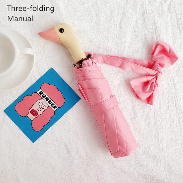 Revolight Apparel & Accessories Pink-Manual-Threefold Semi-Automatic Umbrella Cute Wooden Duck Head Folding Rain and Sun