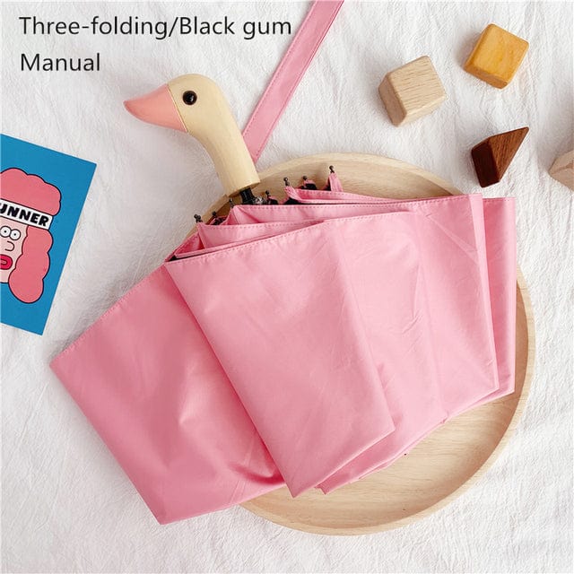 Revolight Apparel & Accessories Pink-Manual-Threefold-UVBlack Semi-Automatic Umbrella Cute Wooden Duck Head Folding Rain and Sun