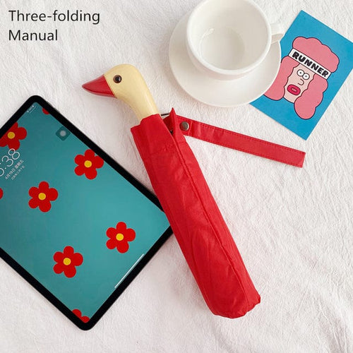 Load image into Gallery viewer, Revolight Apparel &amp; Accessories Red-Manual-Threefold Semi-Automatic Umbrella Cute Wooden Duck Head Folding Rain and Sun
