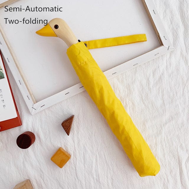 Revolight Apparel & Accessories Yellow-Auto-Twofold Semi-Automatic Umbrella Cute Wooden Duck Head Folding Rain and Sun