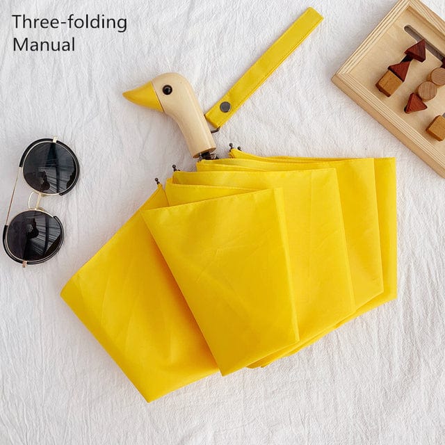 Revolight Apparel & Accessories Yellow-Manual-Threefold Semi-Automatic Umbrella Cute Wooden Duck Head Folding Rain and Sun
