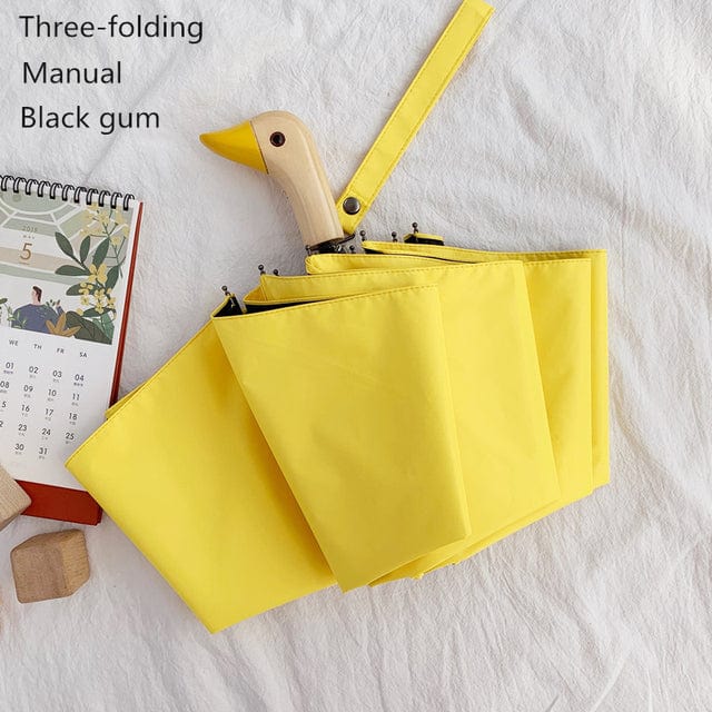 Revolight Apparel & Accessories Yellow-Manual-Threefold-UVBlack Semi-Automatic Umbrella Cute Wooden Duck Head Folding Rain and Sun