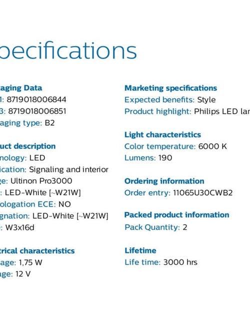 PHILIPS T10 W5W LED Ultinon Pro3000 6000K 11961U30CWB2 White Light